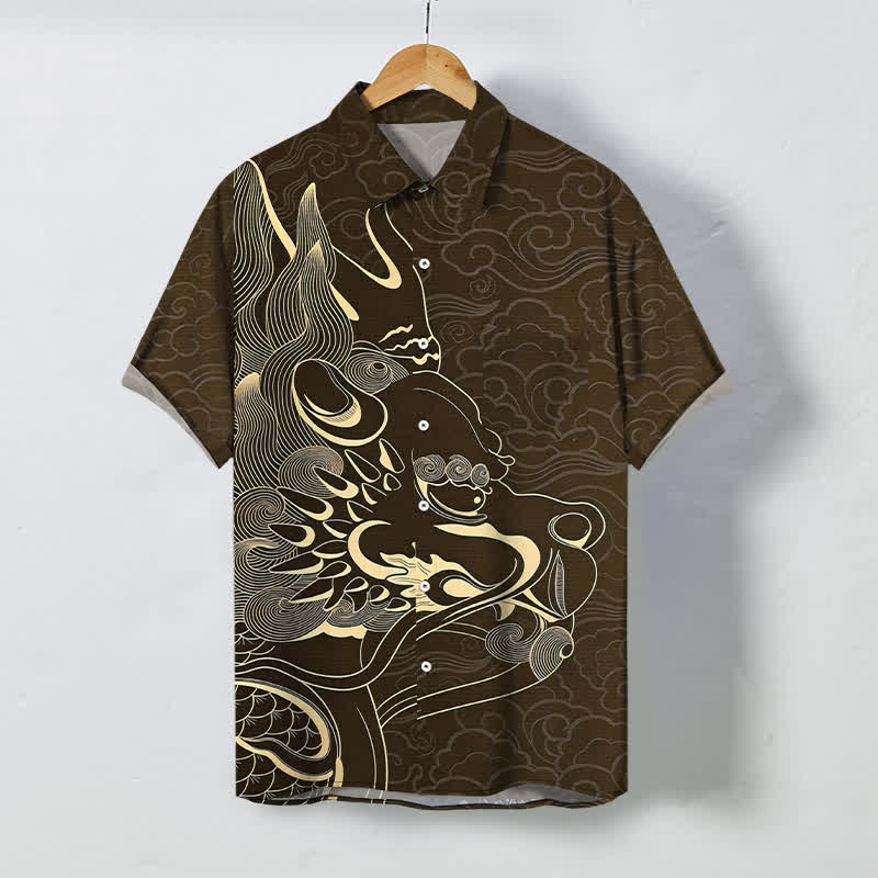 Buddha Stones Chemise à manches courtes pour homme, infroissable, avec boutons à motif de nuage de dragon doré - SaddleBrown - US/UK/AU48，EU58 (4XL) - image 5