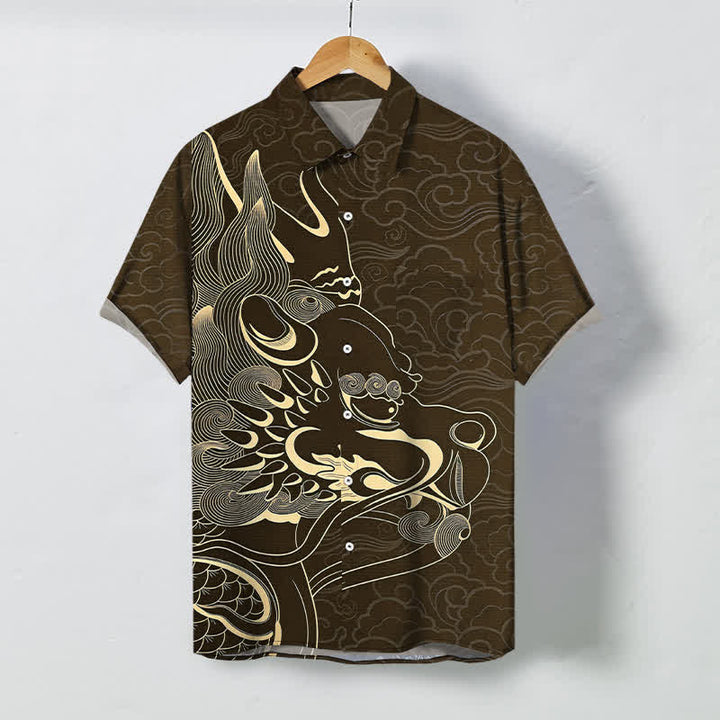 Buddha Stones Chemise à manches courtes pour homme, infroissable, avec boutons à motif de nuage de dragon doré - SaddleBrown - US/UK/AU48，EU58 (4XL) - image 5