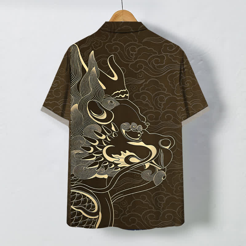 Buddha Stones Chemise à manches courtes pour homme, infroissable, avec boutons à motif de nuage de dragon doré - image 6