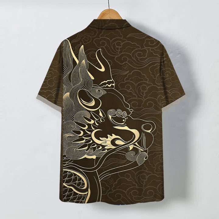 Buddha Stones Chemise à manches courtes pour homme, infroissable, avec boutons à motif de nuage de dragon doré - image 6