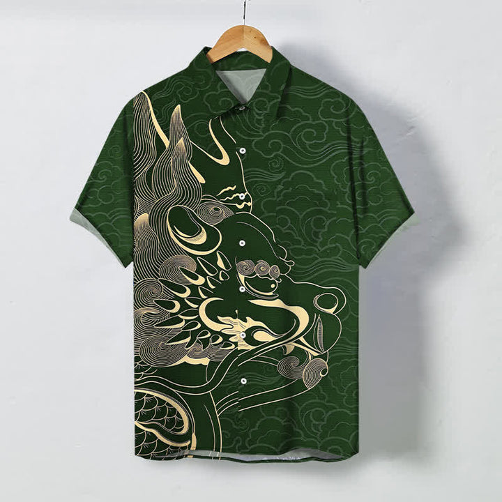 Buddha Stones Chemise à manches courtes pour homme, infroissable, avec boutons à motif de nuage de dragon doré - Vert forêt - US/UK/AU48，EU58 (4XL) - image 10