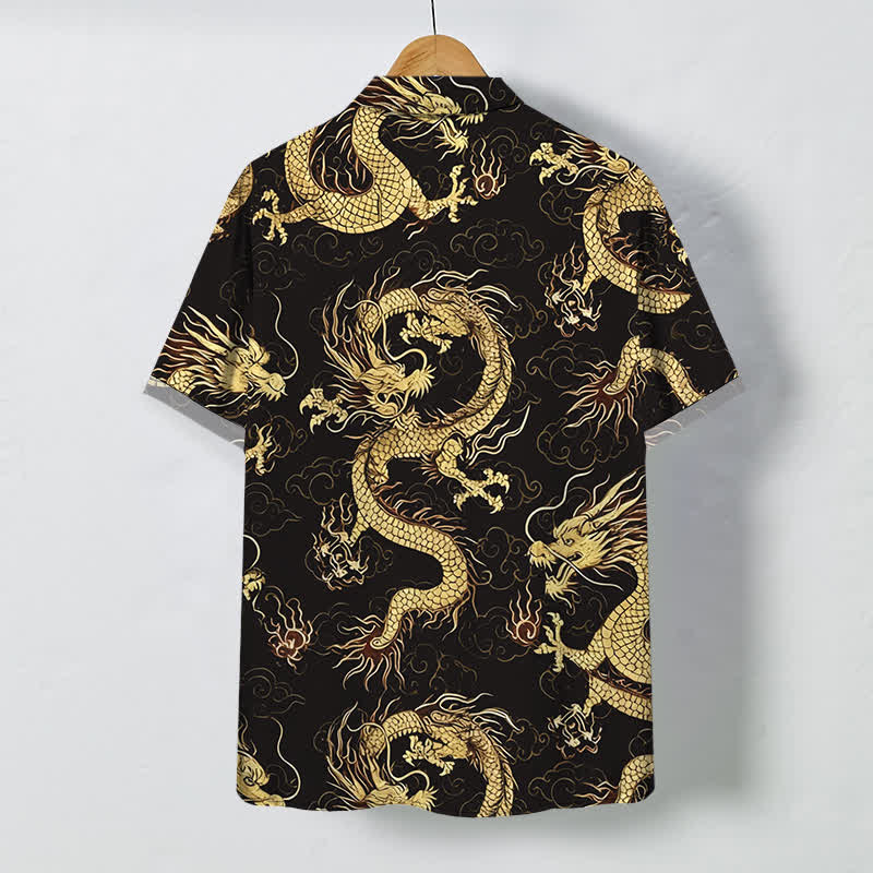 Buddha Stones Chemise à manches courtes pour homme, à boutons en forme de nuage de dragon doré, infroissable - image 1