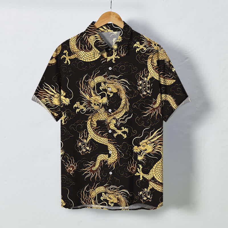 Buddha Stones Chemise à manches courtes pour homme, à boutons en forme de nuage de dragon doré, infroissable - SaddleBrown - US/UK/AU48，EU58 (4XL) - image 0
