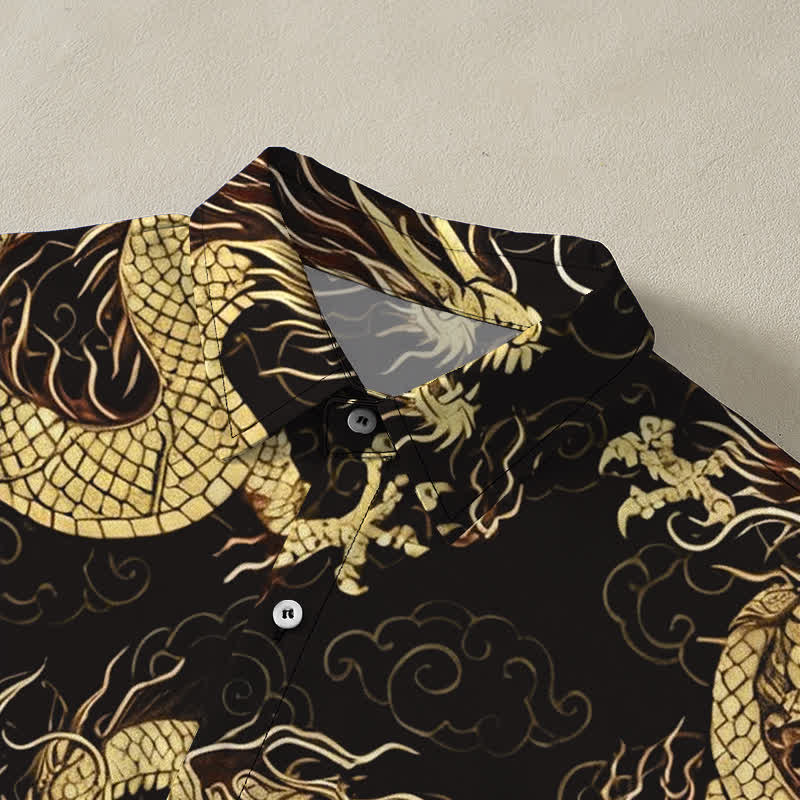 Buddha Stones Chemise à manches courtes pour homme, à boutons en forme de nuage de dragon doré, infroissable - image 2