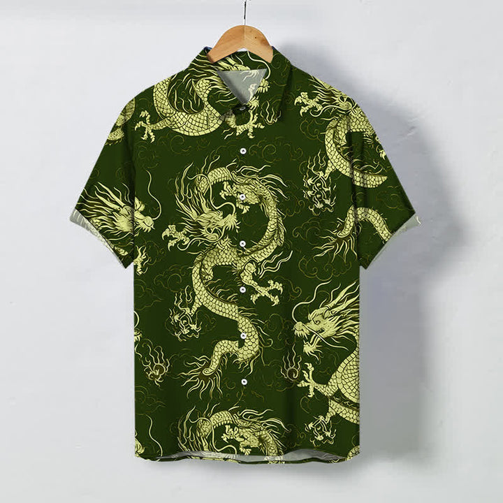 Buddha Stones Chemise à manches courtes pour homme, à boutons en forme de nuage de dragon doré, infroissable - Vert olive foncé - US/UK/AU48，EU58 (4XL) - image 5