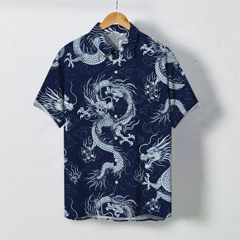 Buddha Stones Chemise à manches courtes pour homme, à boutons en forme de nuage de dragon doré, infroissable - Marine - US/UK/AU48，EU58 (4XL) - image 10