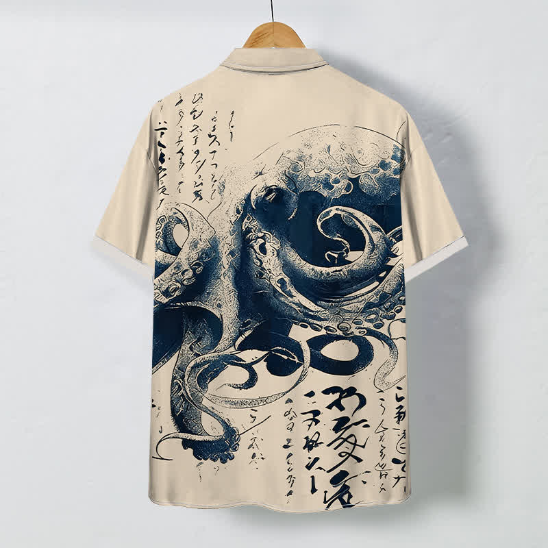 Buddha Stones Chemise à manches courtes pour homme avec boutons à motif de calligraphie japonaise de pieuvre, infroissable - image 1