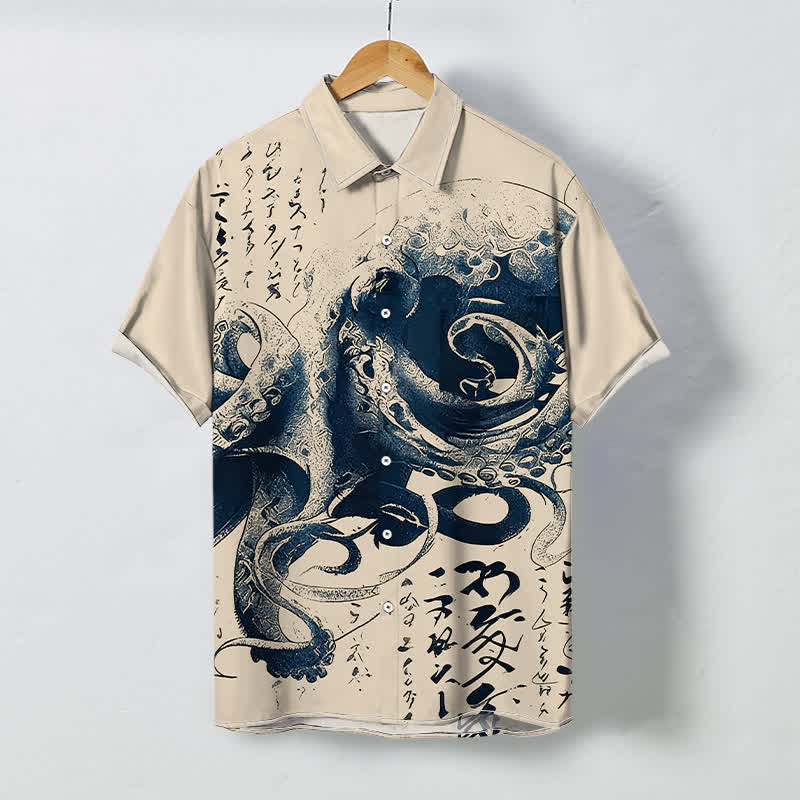 Buddha Stones Chemise à manches courtes pour homme avec boutons à motif de calligraphie japonaise de pieuvre, infroissable - Beige - US/UK/AU48，EU58 (4XL) - image 0