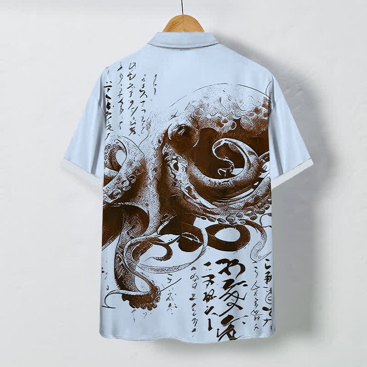 Buddha Stones Chemise à manches courtes pour homme avec boutons à motif de calligraphie japonaise de pieuvre, infroissable - image 4