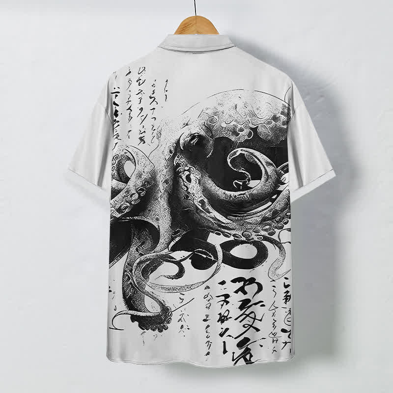 Buddha Stones Chemise à manches courtes pour homme avec boutons à motif de calligraphie japonaise de pieuvre, infroissable - image 7