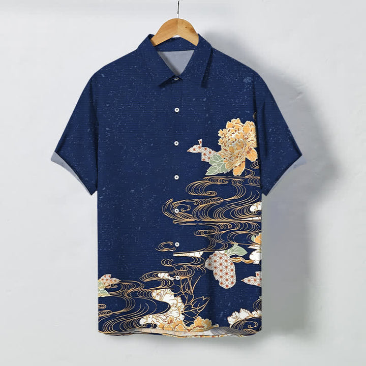Buddha Stones Chemise à manches courtes respirante pour homme, à boutons et motif vagues et nuages ​​de lotus - Marine - US/UK/AU48，EU58 (4XL) - image 0