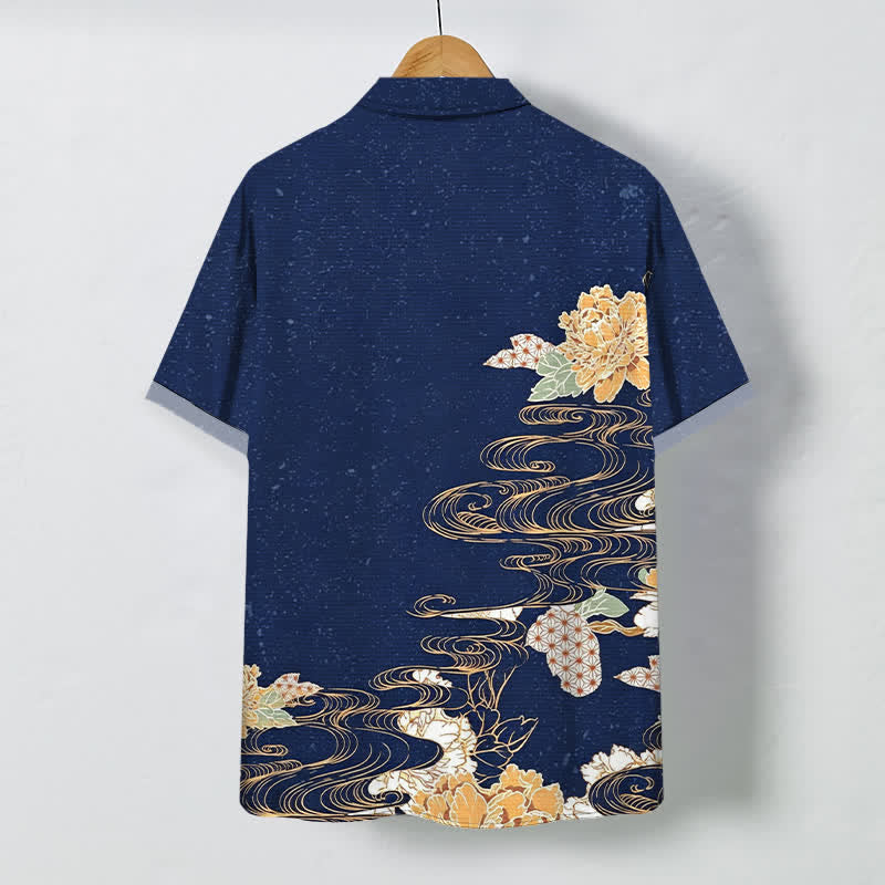 Buddha Stones Chemise à manches courtes respirante pour homme, à boutons et motif vagues et nuages ​​de lotus - image 1