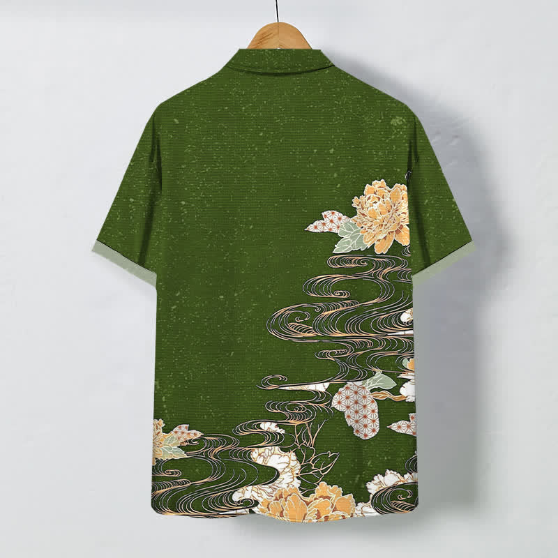 Buddha Stones Chemise à manches courtes respirante pour homme, à boutons et motif vagues et nuages ​​de lotus - image 6
