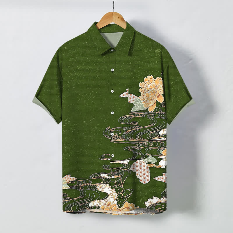 Buddha Stones Chemise à manches courtes respirante pour homme, à boutons et motif vagues et nuages ​​de lotus - Vert olive foncé - US/UK/AU48，EU58 (4XL) - image 5