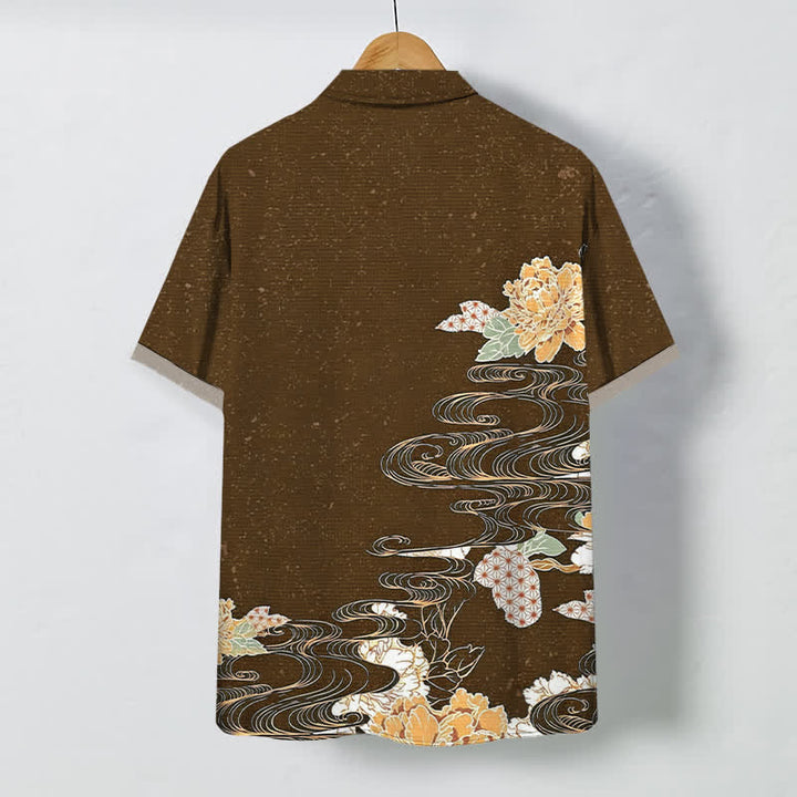 Buddha Stones Chemise à manches courtes respirante pour homme, à boutons et motif vagues et nuages ​​de lotus - image 11