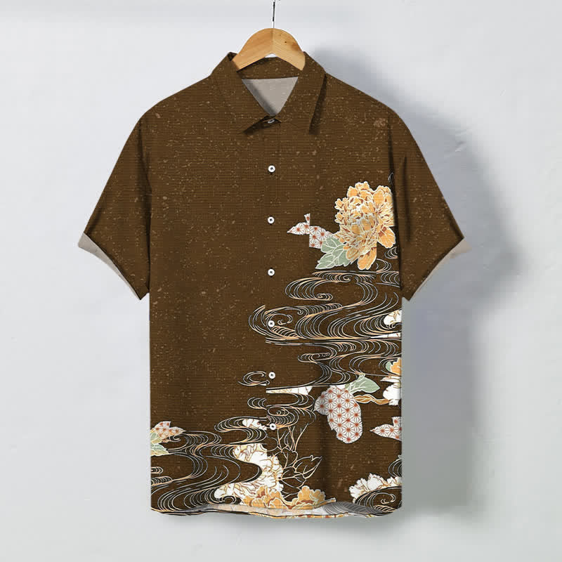 Buddha Stones Chemise à manches courtes respirante pour homme, à boutons et motif vagues et nuages ​​de lotus - SaddleBrown - US/UK/AU48，EU58 (4XL) - image 10
