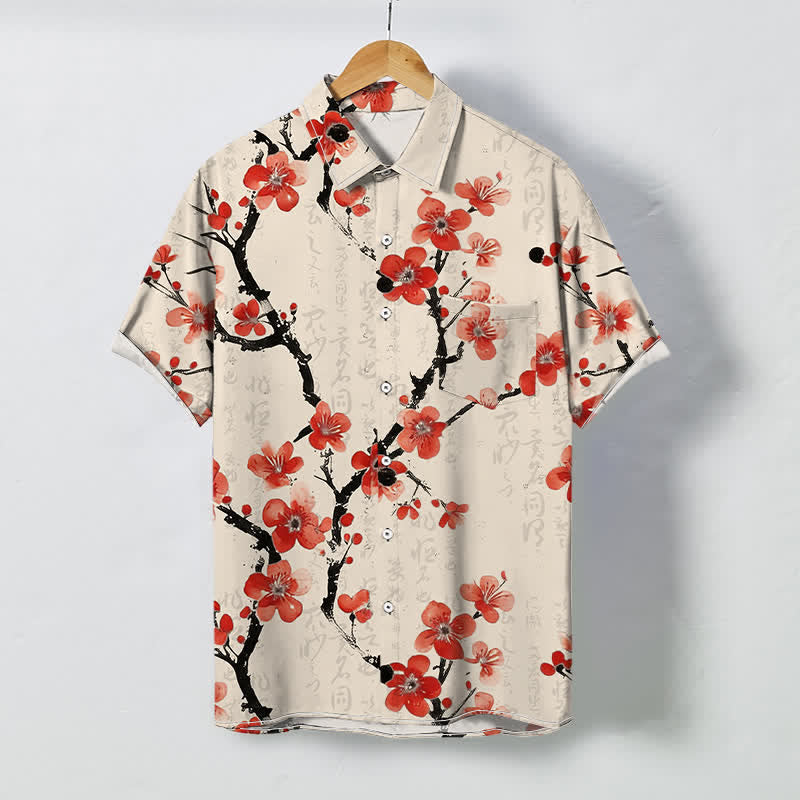 Buddha Stones Chemise à manches courtes pour homme, à boutons et motif de branches de prunier rouge, infroissable - Blanc antique - US/UK/AU48，EU58 (4XL) - image 0