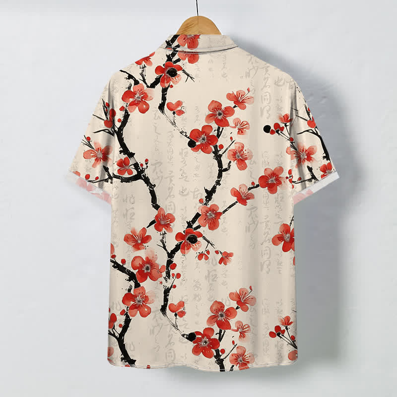 Buddha Stones Chemise à manches courtes pour homme, à boutons et motif de branches de prunier rouge, infroissable - image 1
