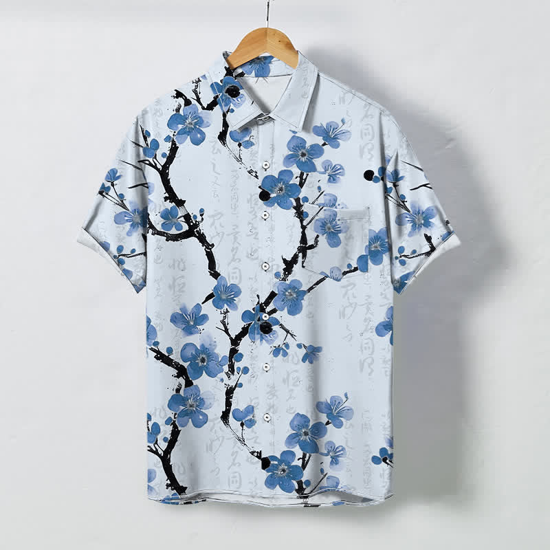 Buddha Stones Chemise à manches courtes pour homme, à boutons et motif de branches de prunier rouge, infroissable - Cyan clair - US/UK/AU48，EU58 (4XL) - image 3