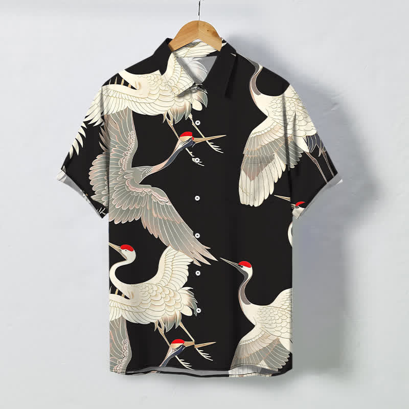 Buddha Stones Chemise à manches courtes pour homme avec boutons à motif de grues à couronne rouge, infroissable - Noir - US/UK/AU48，EU58 (4XL) - image 0