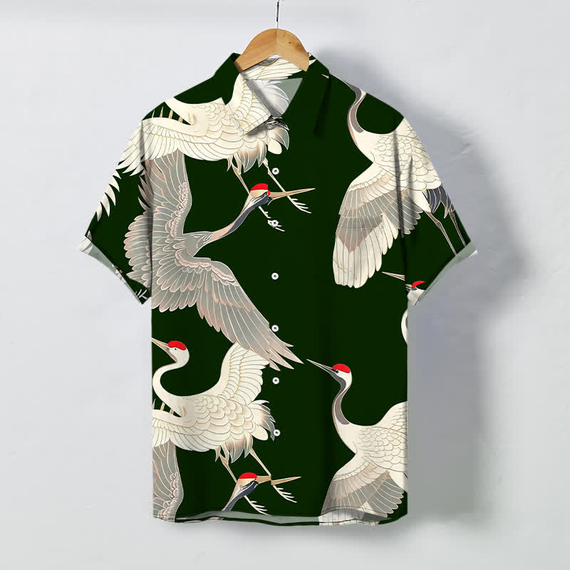 Buddha Stones Chemise à manches courtes pour homme avec boutons à motif de grues à couronne rouge, infroissable - Vert foncé - US/UK/AU48，EU58 (4XL) - image 5