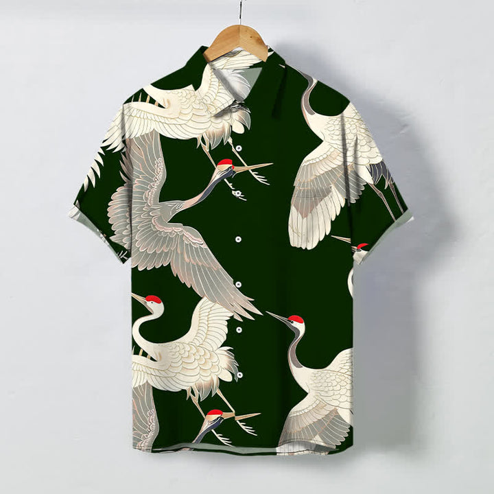 Buddha Stones Chemise à manches courtes pour homme avec boutons à motif de grues à couronne rouge, infroissable - Vert foncé - US/UK/AU48，EU58 (4XL) - image 5