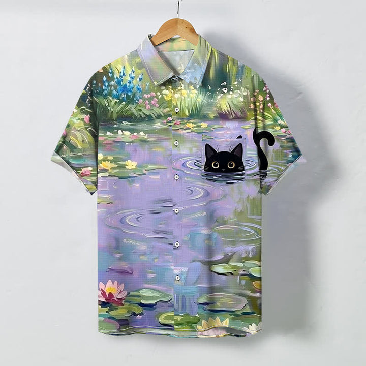 Buddha Stones Chemise à manches courtes respirante pour homme, motif chat noir et nénuphar, boutons - Lavande - US/UK/AU48，EU58 (4XL) - image 0