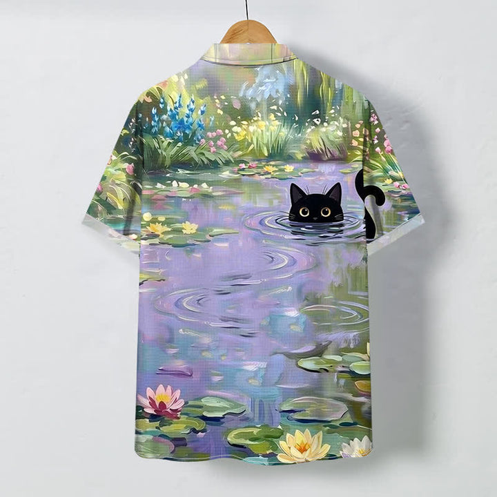 Buddha Stones Chemise à manches courtes respirante pour homme, motif chat noir et nénuphar, boutons - image 1