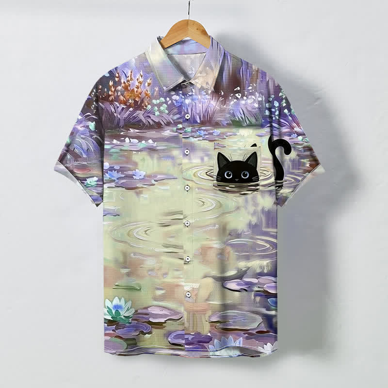 Buddha Stones Chemise à manches courtes respirante pour homme, motif chat noir et nénuphar, boutons - image 3