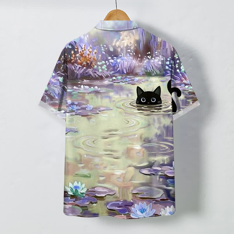 Buddha Stones Chemise à manches courtes respirante pour homme, motif chat noir et nénuphar, boutons - Beige - US/UK/AU48，EU58 (4XL) - image 4