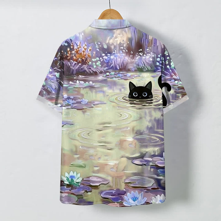 Buddha Stones Chemise à manches courtes respirante pour homme, motif chat noir et nénuphar, boutons - Beige - US/UK/AU48，EU58 (4XL) - image 4