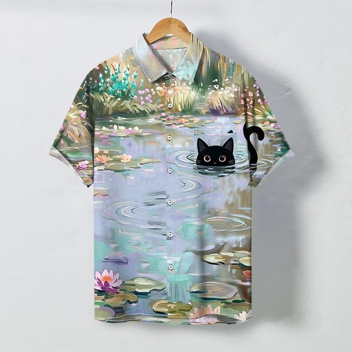 Buddha Stones Chemise à manches courtes respirante pour homme, motif chat noir et nénuphar, boutons - Bleu acier clair - US/UK/AU48，EU58 (4XL) - image 6