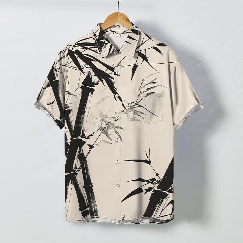 Buddha Stones Chemise à manches courtes pour homme, boutons à motif bambou encre, infroissable - Ivoire - US/UK/AU48，EU58 (4XL) - image 0
