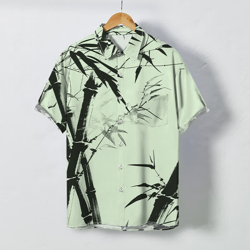Buddha Stones Chemise à manches courtes pour homme, boutons à motif bambou encre, infroissable - Vert pâle - US/UK/AU48，EU58 (4XL) - image 3