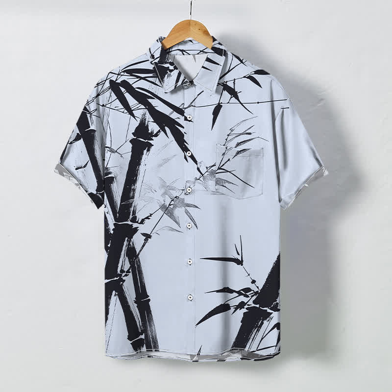 Buddha Stones Chemise à manches courtes pour homme, boutons à motif bambou encre, infroissable - Bleu clair - US/UK/AU48，EU58 (4XL) - image 6