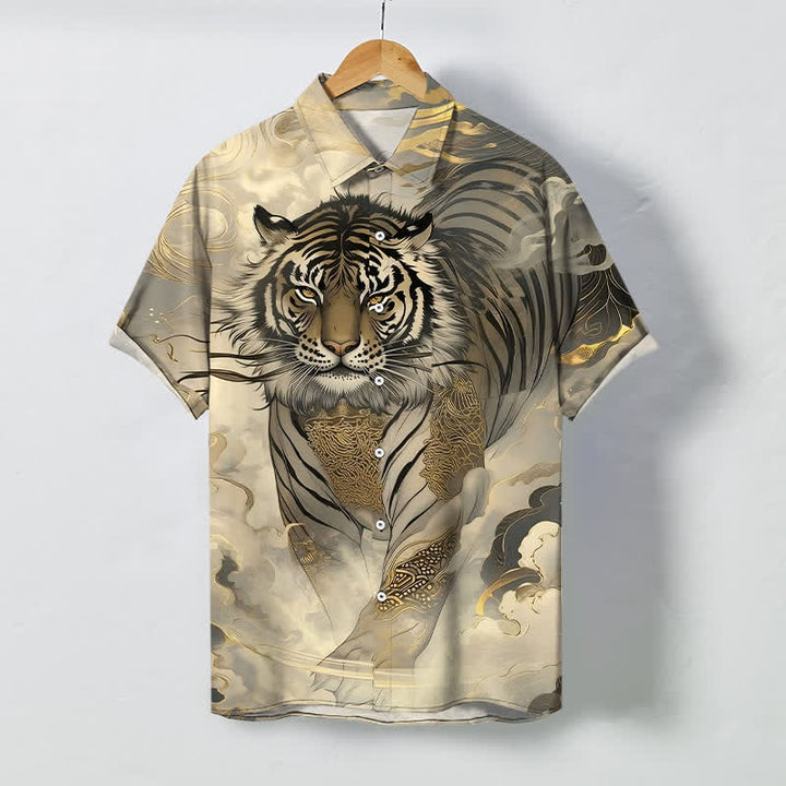 Buddha Stones Chemise à manches courtes pour homme, à boutons et motif vagues de nuages ​​de tigre, infroissable - Beige - US/UK/AU48，EU58 (4XL) - image 0