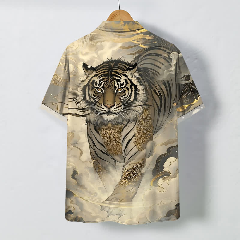 Buddha Stones Chemise à manches courtes pour homme, à boutons et motif vagues de nuages ​​de tigre, infroissable - image 1