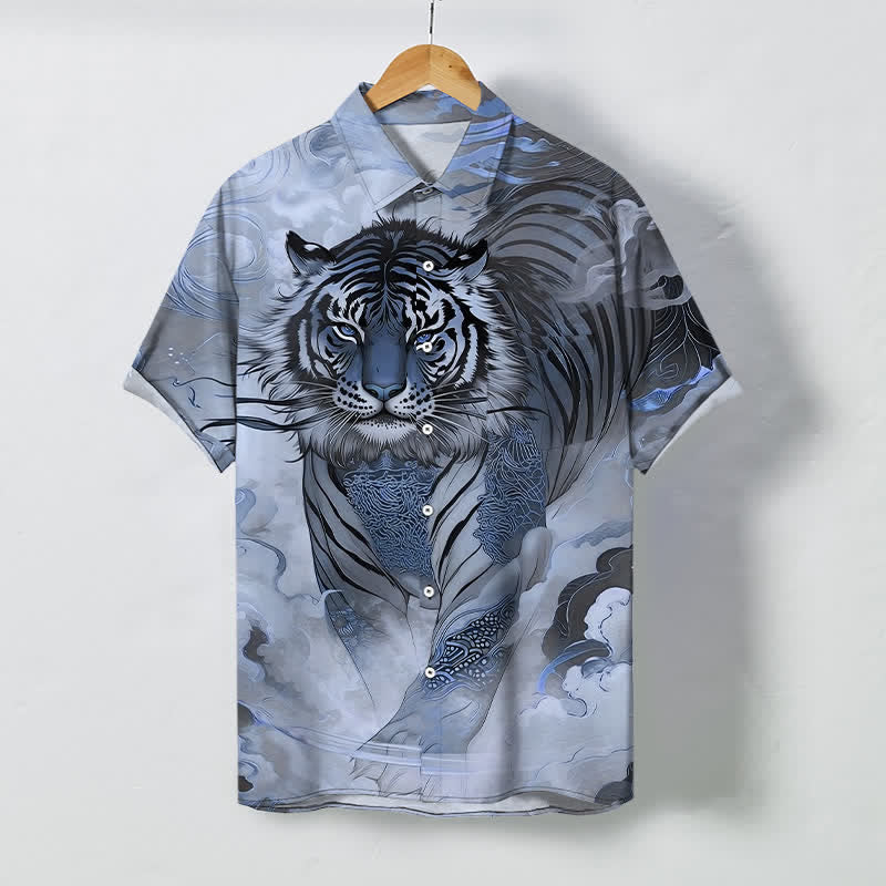 Buddha Stones Chemise à manches courtes pour homme, à boutons et motif vagues de nuages ​​de tigre, infroissable - Bleu acier clair - US/UK/AU48，EU58 (4XL) - image 5