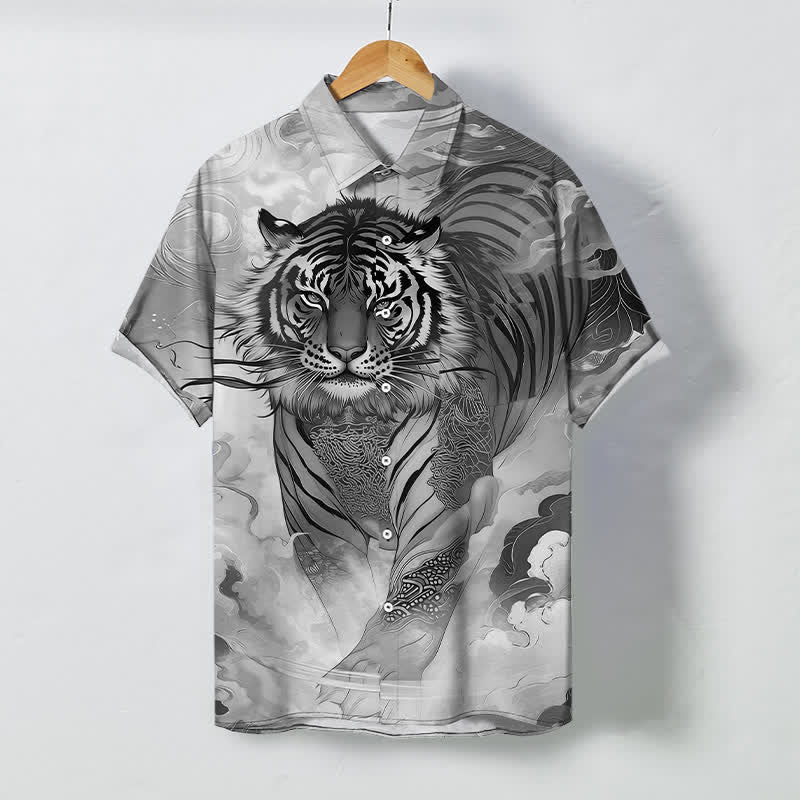 Buddha Stones Chemise à manches courtes pour homme, à boutons et motif vagues de nuages ​​de tigre, infroissable - Gris clair - US/UK/AU48，EU58 (4XL) - image 10