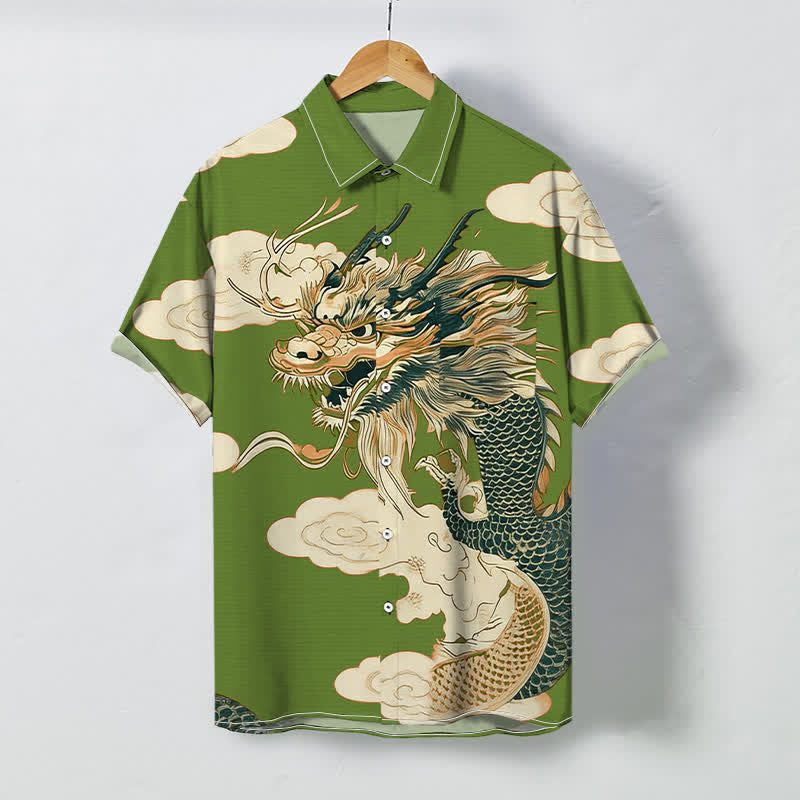 Buddha Stones Chemise à manches courtes pour homme, infroissable, avec boutons à motif de nuage de dragon chinois - Vert olive - US/UK/AU48，EU58 (4XL) - image 3