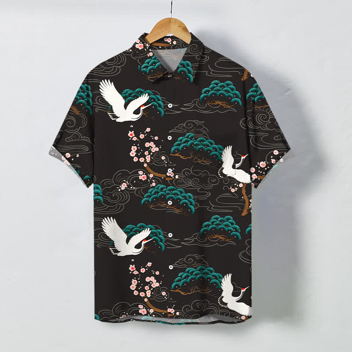 Buddha Stones Chemise à manches courtes respirante pour homme, à boutons et motif nuage de fleurs de pin et de grue - SaddleBrown - US/UK/AU48，EU58 (4XL) - image 0