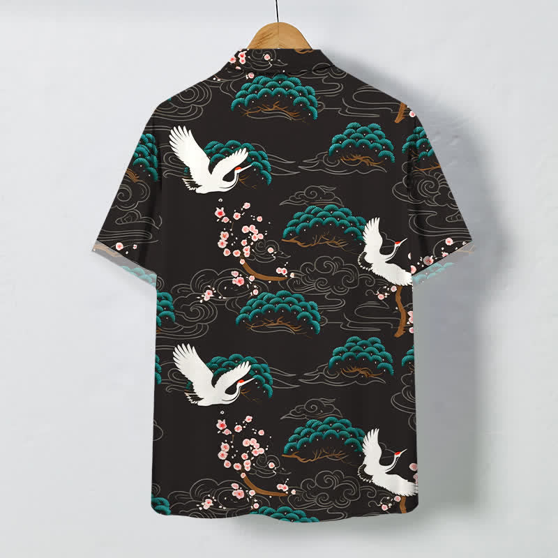 Buddha Stones Chemise à manches courtes respirante pour homme, à boutons et motif nuage de fleurs de pin et de grue - image 1