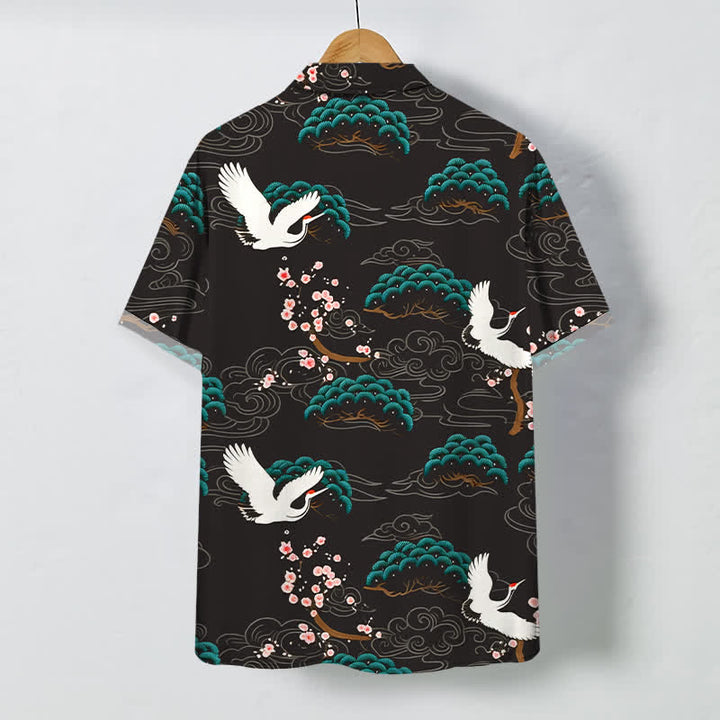 Buddha Stones Chemise à manches courtes respirante pour homme, à boutons et motif nuage de fleurs de pin et de grue - image 1