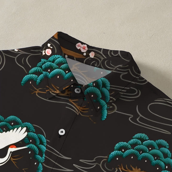 Buddha Stones Chemise à manches courtes respirante pour homme, à boutons et motif nuage de fleurs de pin et de grue - image 2