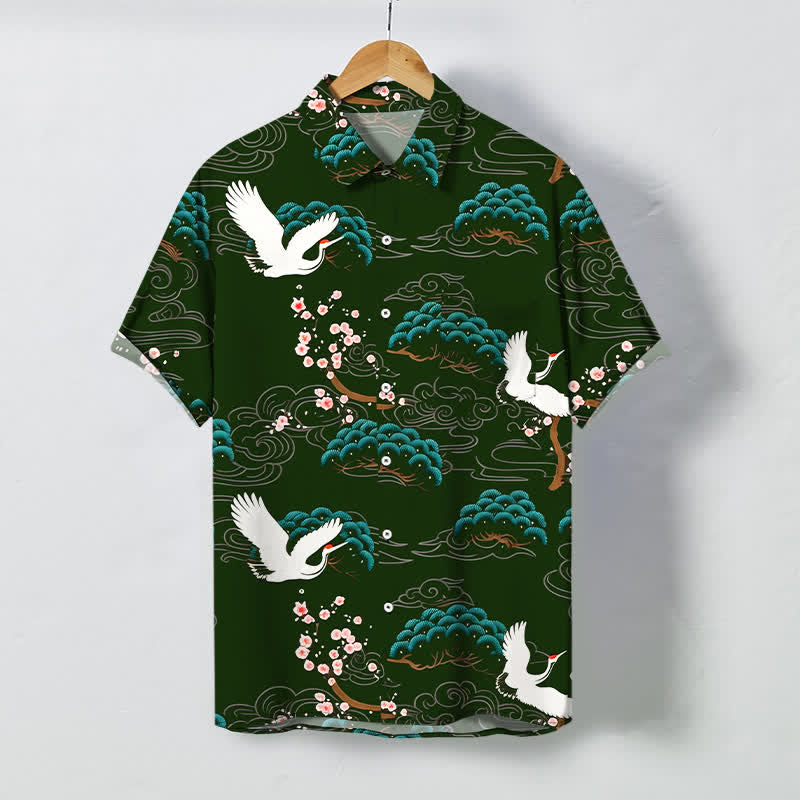 Buddha Stones Chemise à manches courtes respirante pour homme, à boutons et motif nuage de fleurs de pin et de grue - Vert foncé - US/UK/AU48，EU58 (4XL) - image 5