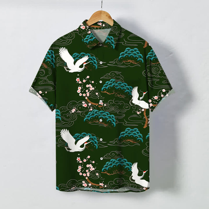 Buddha Stones Chemise à manches courtes respirante pour homme, à boutons et motif nuage de fleurs de pin et de grue - Vert foncé - US/UK/AU48，EU58 (4XL) - image 5