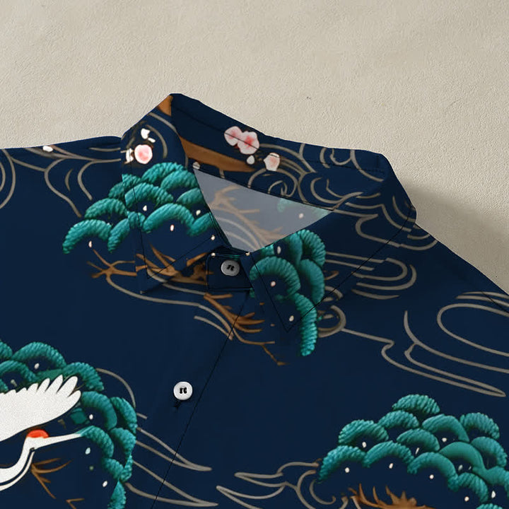 Buddha Stones Chemise à manches courtes respirante pour homme, à boutons et motif nuage de fleurs de pin et de grue - image 12