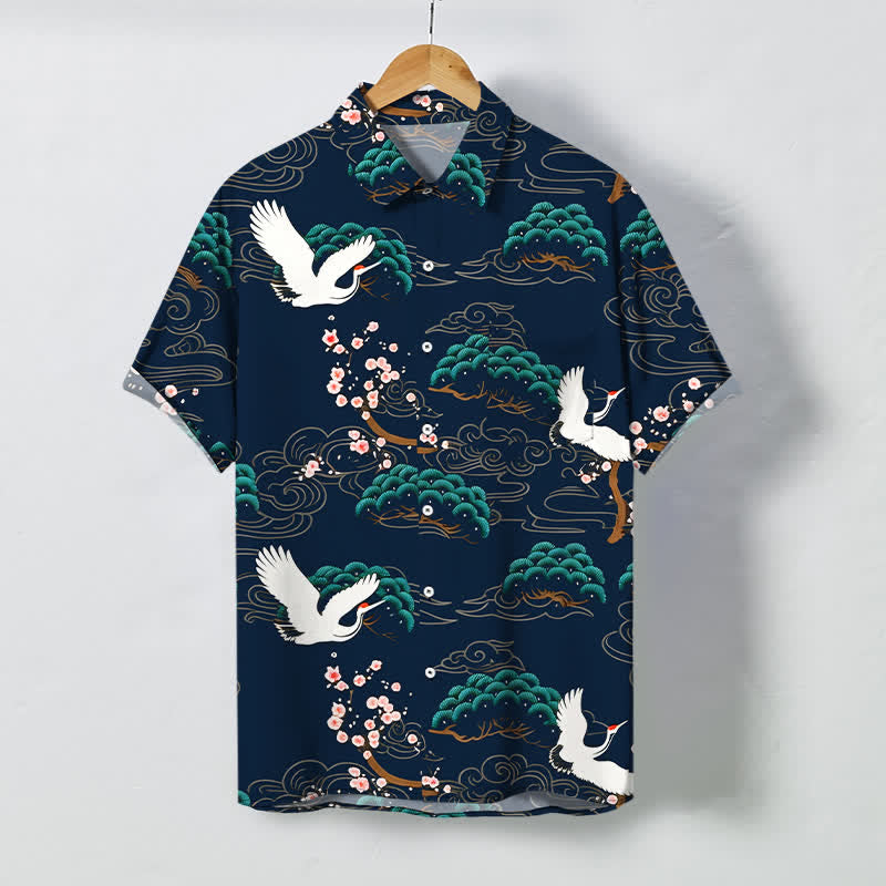 Buddha Stones Chemise à manches courtes respirante pour homme, à boutons et motif nuage de fleurs de pin et de grue - Marine - US/UK/AU48，EU58 (4XL) - image 10