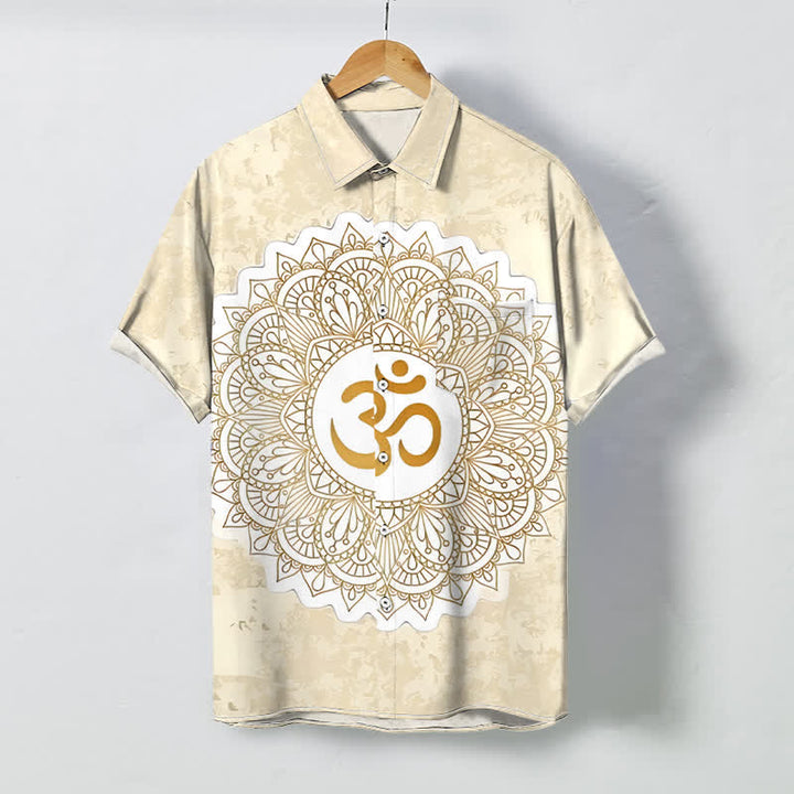 Buddha Stones Chemise à manches courtes respirante pour homme avec boutons à motif mandala Om - Beige - US/UK/AU48，EU58 (4XL) - image 0