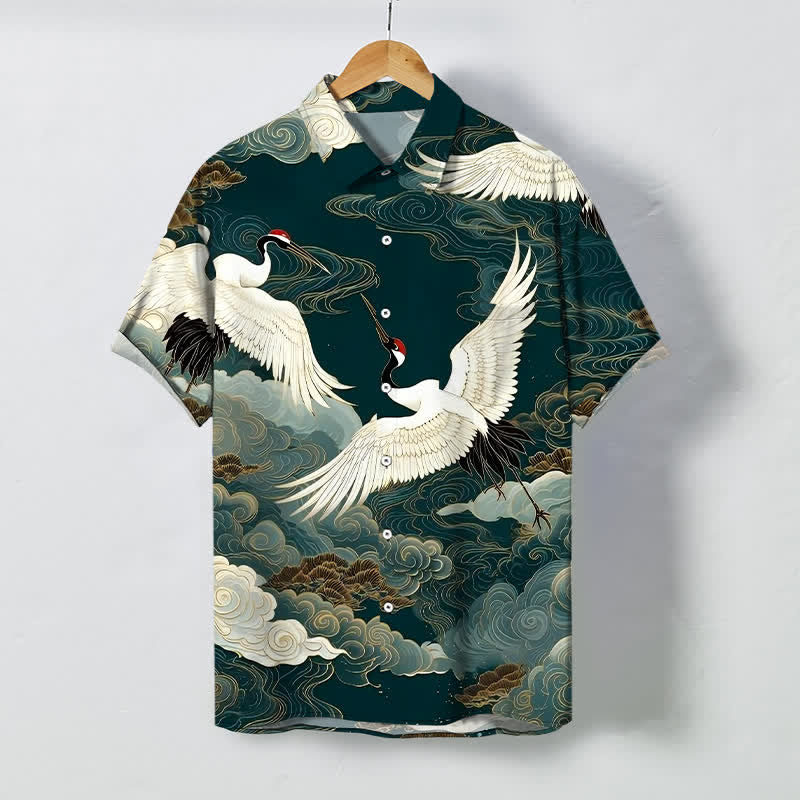 Buddha Stones Chemise à manches courtes pour homme, infroissable, ornée de boutons à motif de grues à couronne rouge et de nuages ​​porte-bonheur - Sarcelle - US/UK/AU48，EU58 (4XL) - image 0